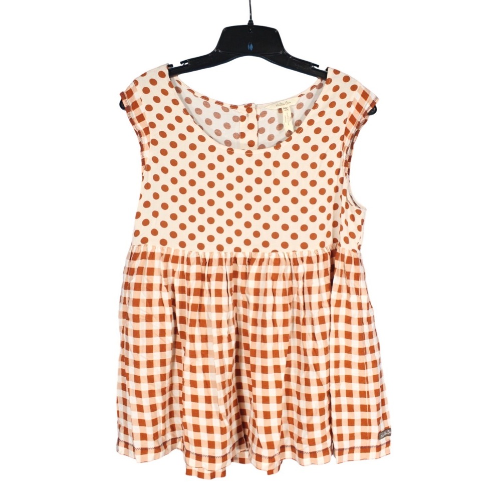 MATILDA JANE Rust/Beige POLKA DOTS/PLAID Button Back FEELING COLLEGIATE TOP Sz M